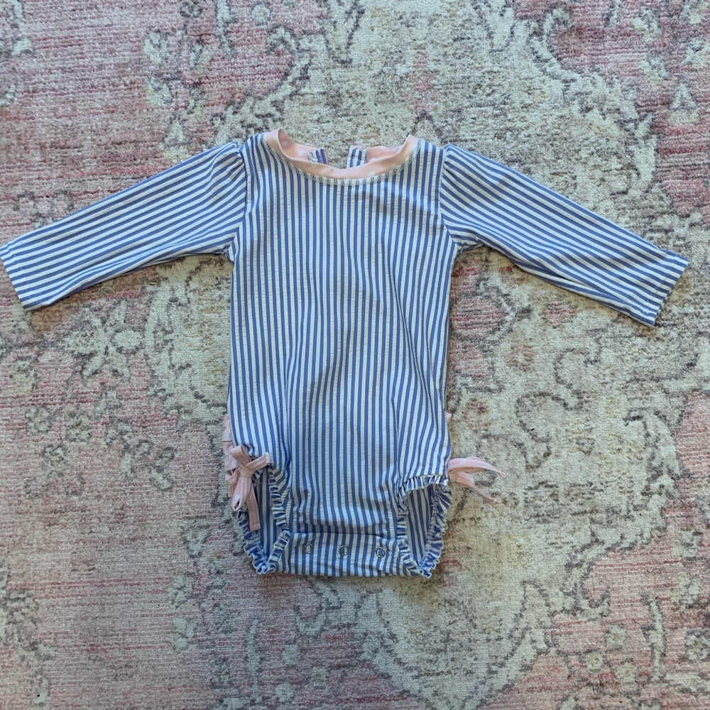 RuffleButts seersucker SPF rash guard